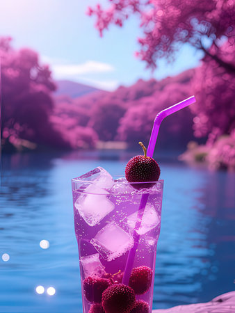 Cocktail with ice and berries on the background of the lake