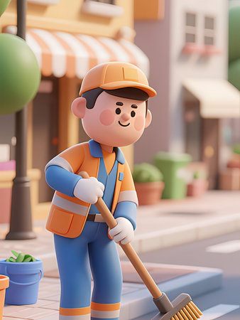 cute cartoon character cleaning the street with broom. 3d rendering