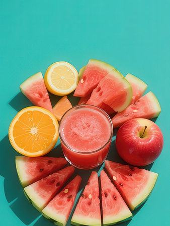 Glass of fresh watermelon juice and fresh fruits on blue background.の写真素材