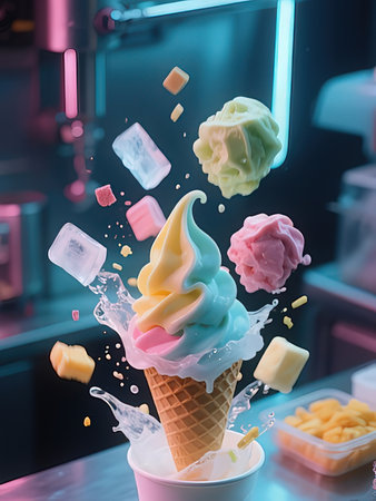 ice cream splashing out of a waffle cup, 3d renderの写真素材