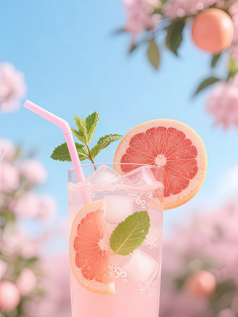 Cocktail with grapefruit, mint and ice on blue backgroundの写真素材