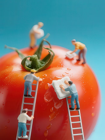 Miniature people : Cleaning tomato with ladders on blue backgroundの写真素材