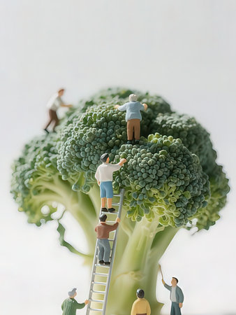 Miniature people : Business team standing on the top of broccoli.の写真素材