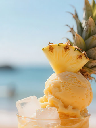 Pineapple ice cream in a glass with ice cubes on the beachの写真素材