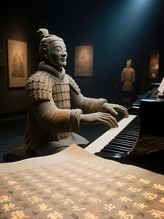 Chinese classical music instruments in the Tangshan museum,, Tangshan city, Hebei Province, Chinaの写真素材