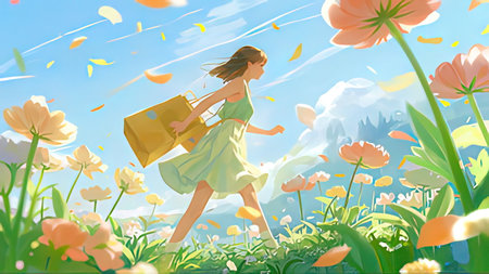 Girl with shopping bags in the meadow of flowers. Vector illustration.の写真素材