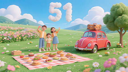 Happy family having picnic in the meadow. 3D illustration.の写真素材