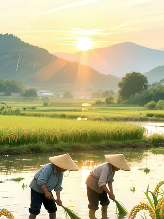 Rice farmers planting rice in the paddy field at sunrise.の写真素材