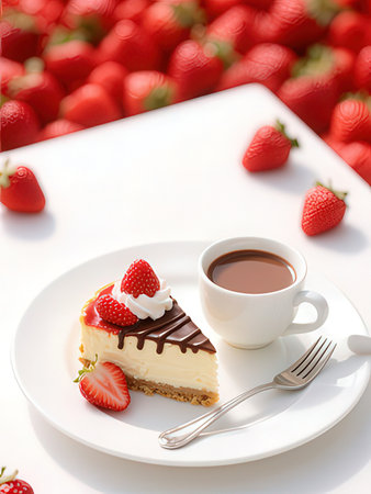 Cup of coffee and cake with strawberries on a white plate.の写真素材