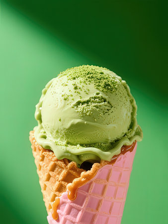 Green tea ice cream in waffle cone on a green background.