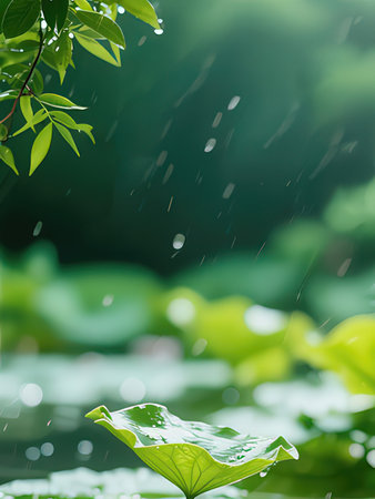 Rain drops on lotus leaf with bokeh light background.