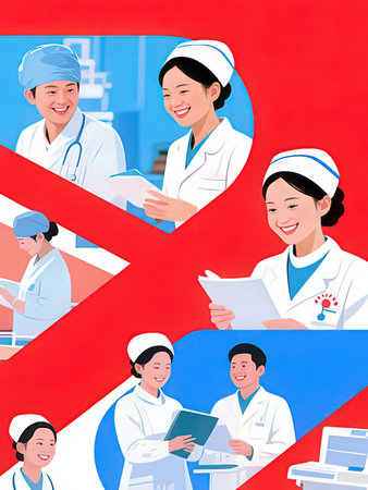 Illustration of a group of doctors in a hospital with a red arrowの写真素材