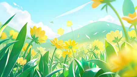 Spring meadow with yellow flowers on blue sky background. Vector illustration.の写真素材