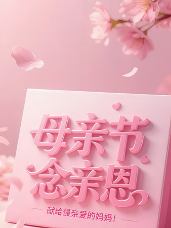 \3D illustration of Chinese calligraphy \"\"Happy New Year\"\" and cherry blossom.\""の写真素材