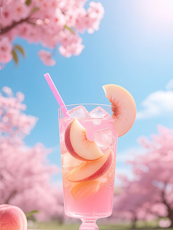 Glass of cold peach cocktail with pink cherry blossoms on background.の写真素材