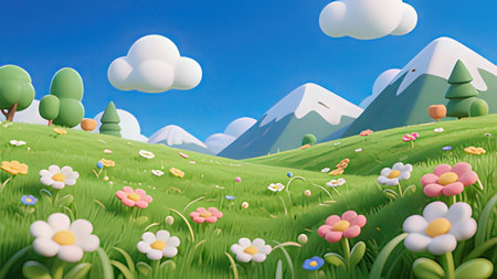 Green meadow with flowers and mountains in the background - 3d illustrationの写真素材