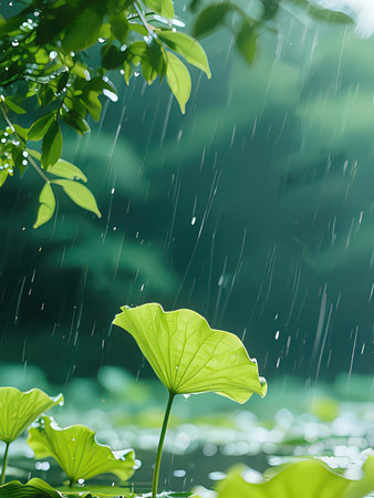 green lotus leaf with rain drops on the water in rainy dayの写真素材