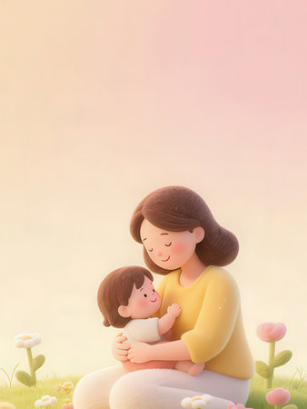 Mother and baby in the meadow with soft pastel colors.の写真素材