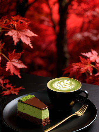 cup of green tea latte with cake and red leaves on background