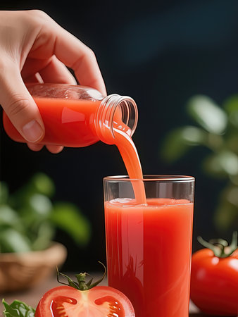 Woman pouring tomato juice into glass, closeup. Healthy drink conceptの写真素材