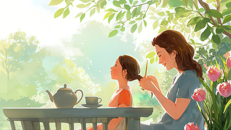 Mother and daughter sitting at table in garden with tea and tulipsの写真素材