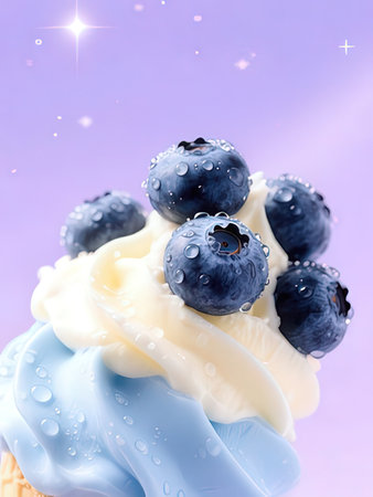 Blueberry ice cream with fresh blueberries on violet background with copy spaceの写真素材