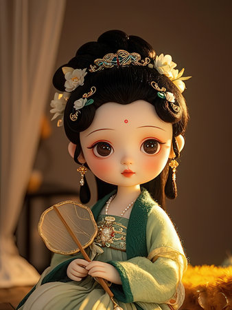 Traditional chinese doll with a fan in her hand, selective focusの写真素材