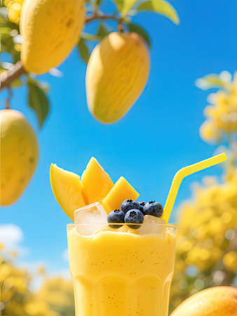 Mango smoothie with blueberries and mango on blue sky background.の写真素材