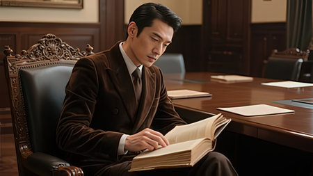 Young Asian man reading book in courtroom.