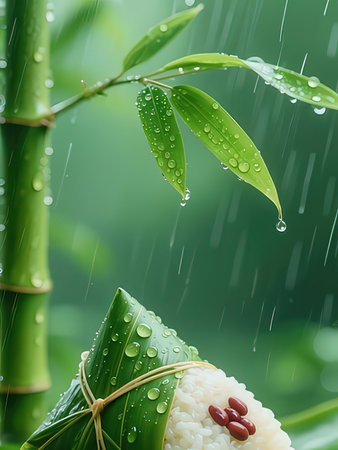 Zongzi or rice dumpling, rice dumpling in bamboo leafの写真素材