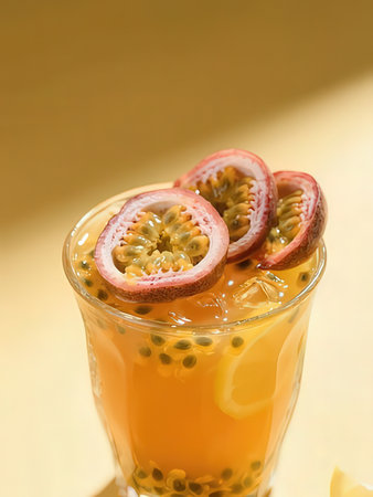 Passion fruit juice with ice cubes and lemon on yellow background.の写真素材