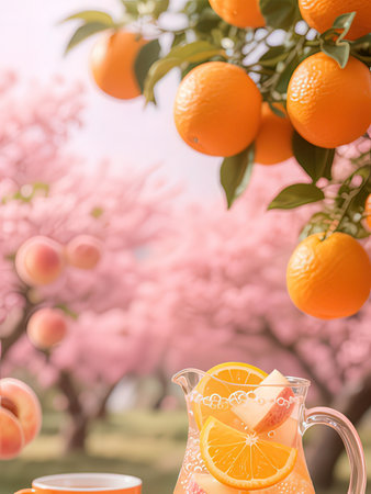 Fresh orange juice in a glass jug with a slice of orange on the background of pink cherry blossomsの写真素材