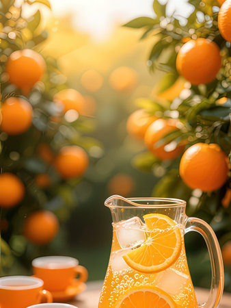 Orange juice in a jug on the background of orange trees, selective focus