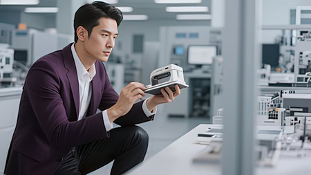 young asian man in suit using digital tablet at factory. technology and industrial concept