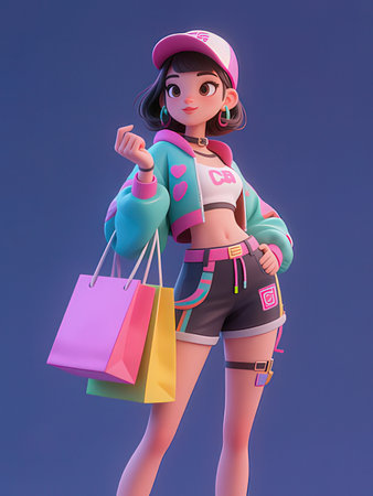 Cute girl with shopping bags on blue background. 3D rendering.の写真素材