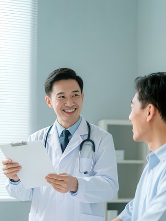 asian male doctor and patient discussing something while sitting at the tableの写真素材
