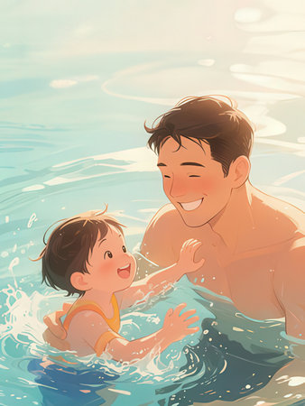 Happy father and his daughter in the swimming pool. Vector illustration.の写真素材