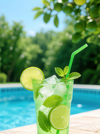 Cocktail with lime, mint and ice on swimming pool background