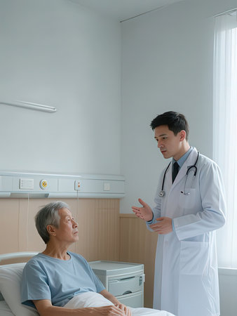 asian male doctor talking with senior patient in the hospital room.