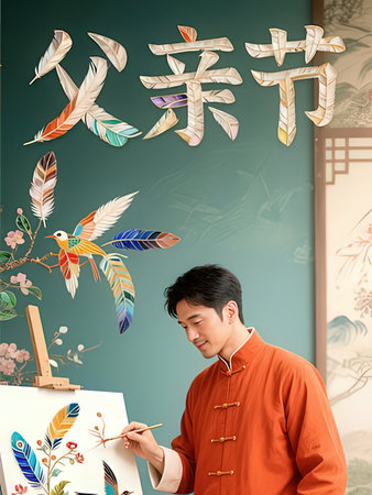 Asian male artist painting a picture with colorful feathers on the wall.のeditorial素材