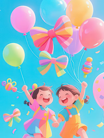 Happy children with balloons and confetti. Vector illustration. Cartoon.の写真素材