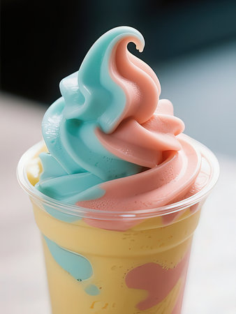 Close up of a colorful ice cream in a cup on a tableの写真素材