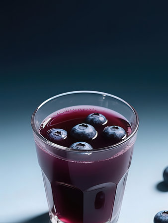 Blueberry juice in a glass with blueberries on a blue backgroundの写真素材