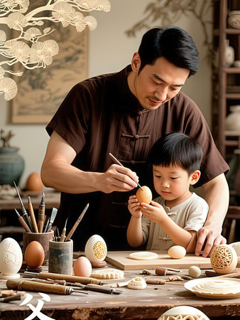 Father and son carving easter eggs together in the pottery workshopの写真素材