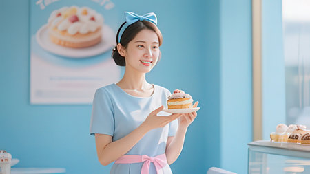happy asian woman holding cake in the kitchen, asian woman