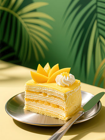 A piece of cake with mango on a plate. 3d renderingの写真素材