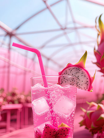 Pitaya drink with ice cubes and dragon fruit on pink backgroundの写真素材