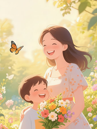 Happy mother and son with flower bouquet in the meadow. Vector illustration.の写真素材