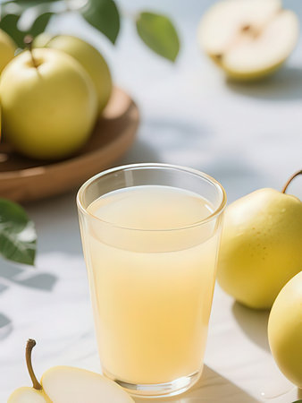 Glass of apple juice and fresh apples on light background, closeupの写真素材