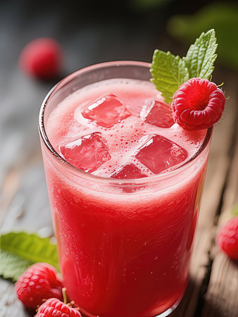 Raspberry smoothie in glass with ice cubes and fresh raspberriesの写真素材